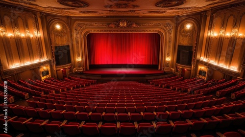 Obraz na płótnie A majestic theater balcony view overlooking rows of red velvet seats and a grand movie screen. w salonie