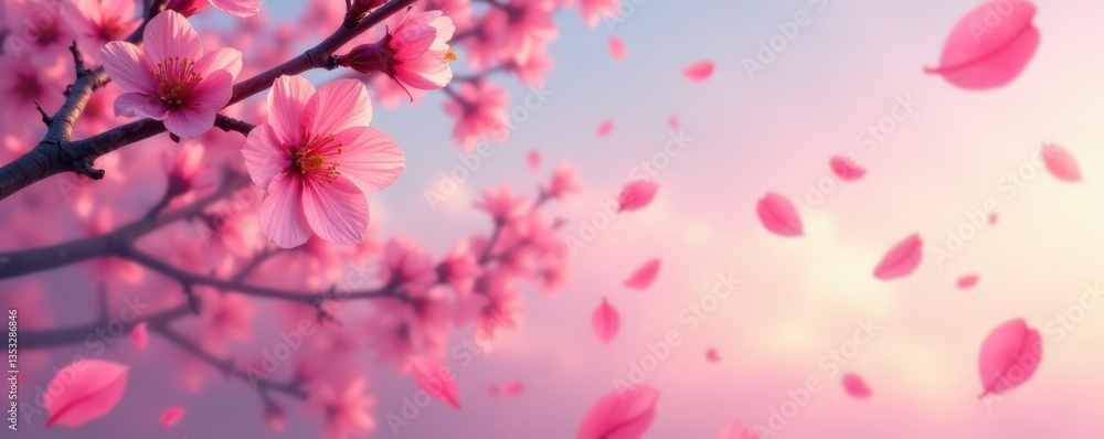 abstract pink sakura petals fall in a dreamy evening sky, soft pink, autumnal sky