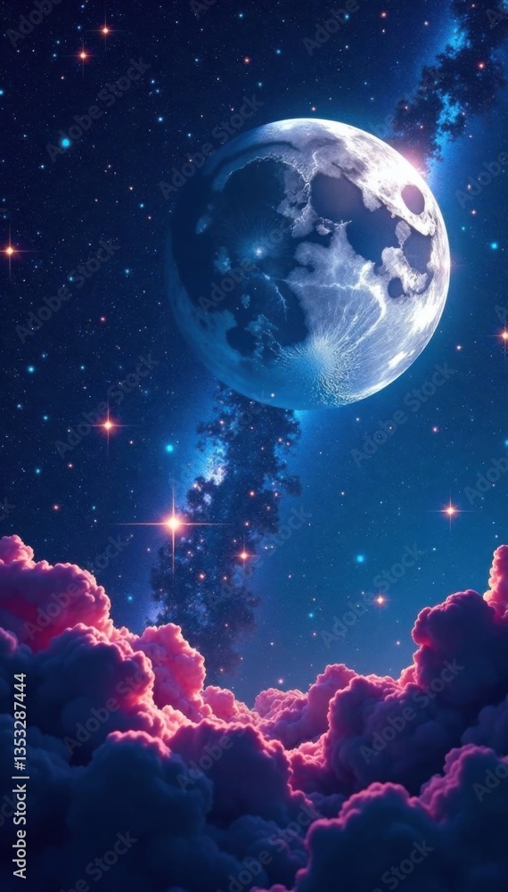 Obraz premium Celestial background with vibrant stars and a silvery moon, galaxy, starfield, shiny