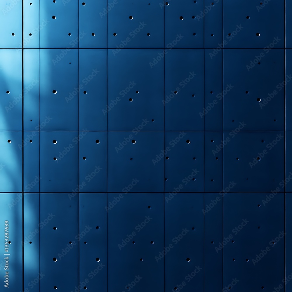 Fototapeta premium Blue metal panel wall, sunlit, modern building, architectural texture