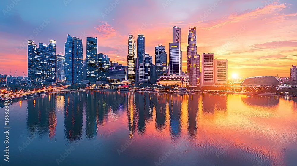 Stunning sunrise cityscape reflection in calm water. Stunning sunrise cityscape reflection in calm water.