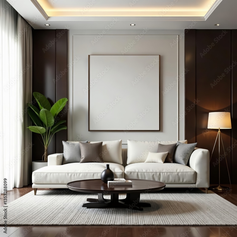 Fototapeta premium Minimalist living room with elegant sofa, luxury accents, design, modern