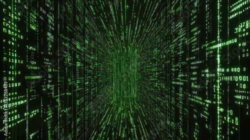 Virtual reality. Zeros and ones. Hacking and cybercrime. Data protection and security. The green matrix of the room. Artificial intelligence. Hacking the system