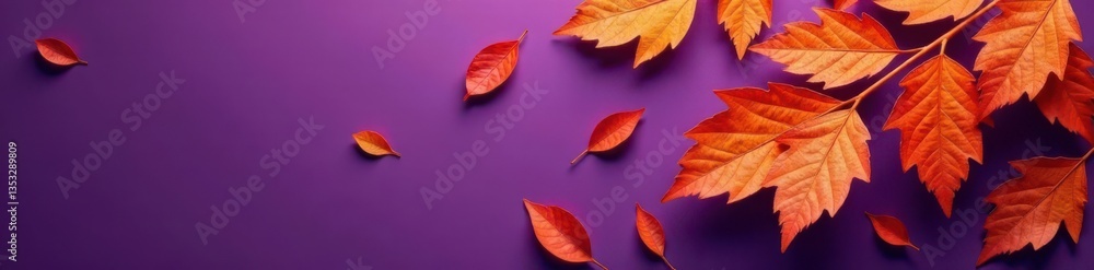 Dry orange metallic leaves scattered on a violet background, forming a striking pattern , violet, orange color Dry orange metallic leaves scattered on a violet background, forming a striking pattern , violet, orange color