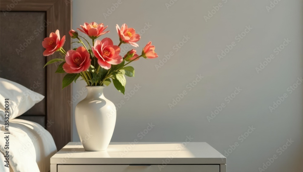 Elegant bottle vase with fresh flowers on a minimalist nightstand , decorative object, modern bedroom Elegant bottle vase with fresh flowers on a minimalist nightstand , decorative object, modern bedroom