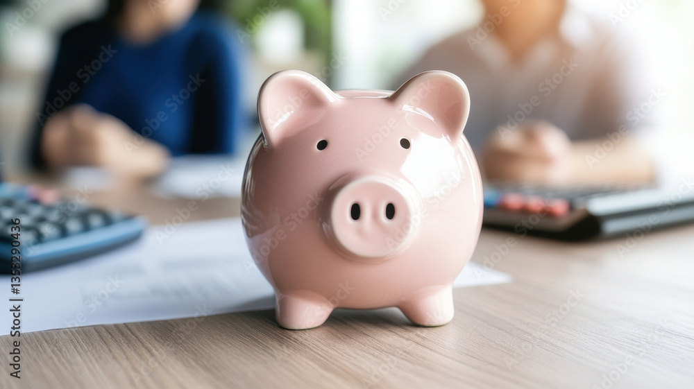 pink piggy bank sits wooden table, symbolizing savings and financial planning. In background, two individuals are engaged discussion, surrounded by calculators and financial documents pink piggy bank sits wooden table, symbolizing savings and financial planning. In background, two individuals are engaged discussion, surrounded by calculators and financial documents