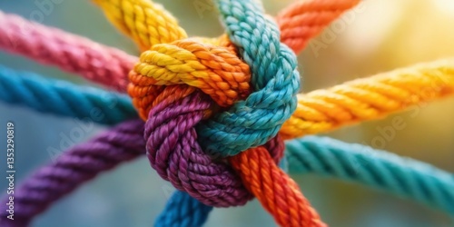 Vibrant and intricate closeup of a multicolored rope knot with blurred background, topdown view emphasizing depth and dimension.