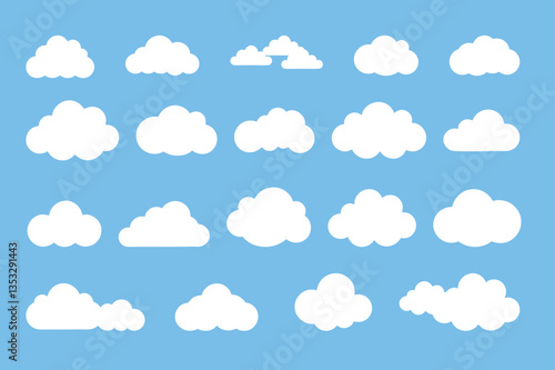Vector illustration of various white cloud icons on a blue sky background. Perfect for weather, summer, nature, and sky-related designs.