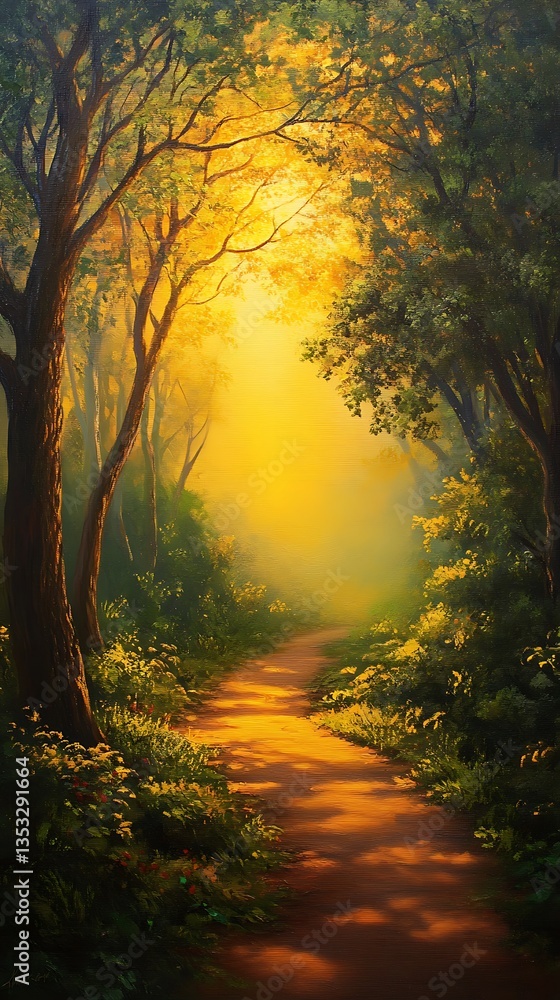 Naklejka premium Golden Sunlight Path Through Forest