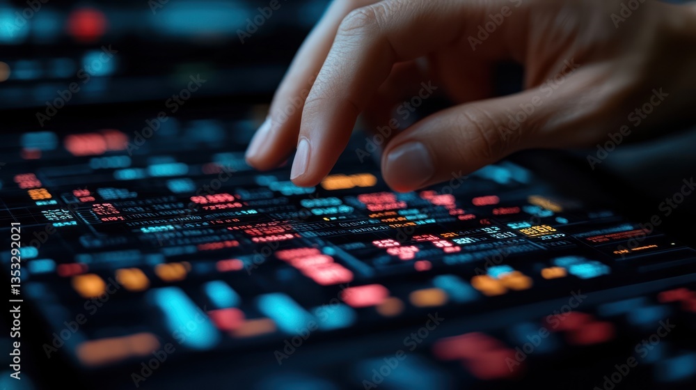 Digital Interaction: A Close-up of a Hand Interacting with a Futuristic Interface Displaying Data Streams Digital Interaction: A Close-up of a Hand Interacting with a Futuristic Interface Displaying Data Streams