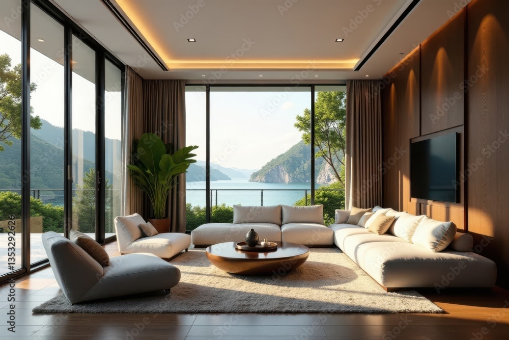 Fototapeta premium Luxurious living room with floor-to-ceiling windows , coffee table, modern design, furniture