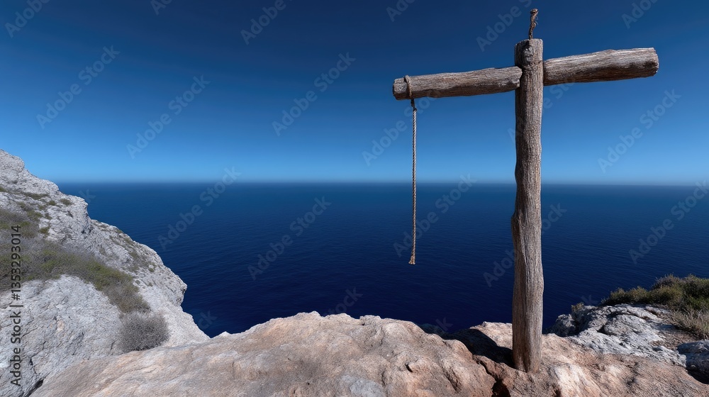 Obraz premium Wooden cross on cliff overlooking ocean