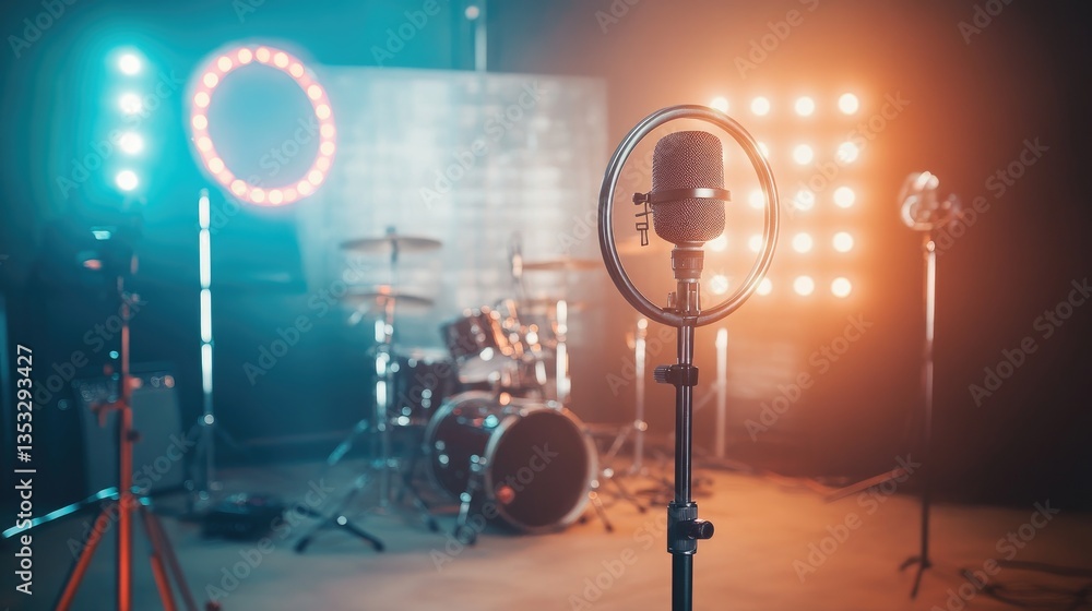 A streaming studio setup with a microphone, LED ring light, and a gaming PC. A streaming studio setup with a microphone, LED ring light, and a gaming PC.