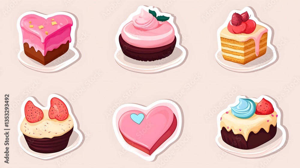 Vibrant Heart Shaped Cake Stickers Collection for Inclusion in Greeting Cards and Packaging Designs Vibrant Heart Shaped Cake Stickers Collection for Inclusion in Greeting Cards and Packaging Designs