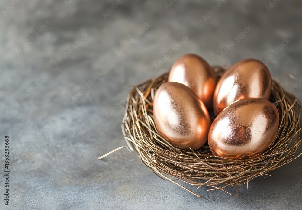 Elegant golden eggs in a rustic nest on a textured surface, showcasing luxury and celebration, perfect for Easter and festive occasions. Elegant golden eggs in a rustic nest on a textured surface, showcasing luxury and celebration, perfect for Easter and festive occasions.