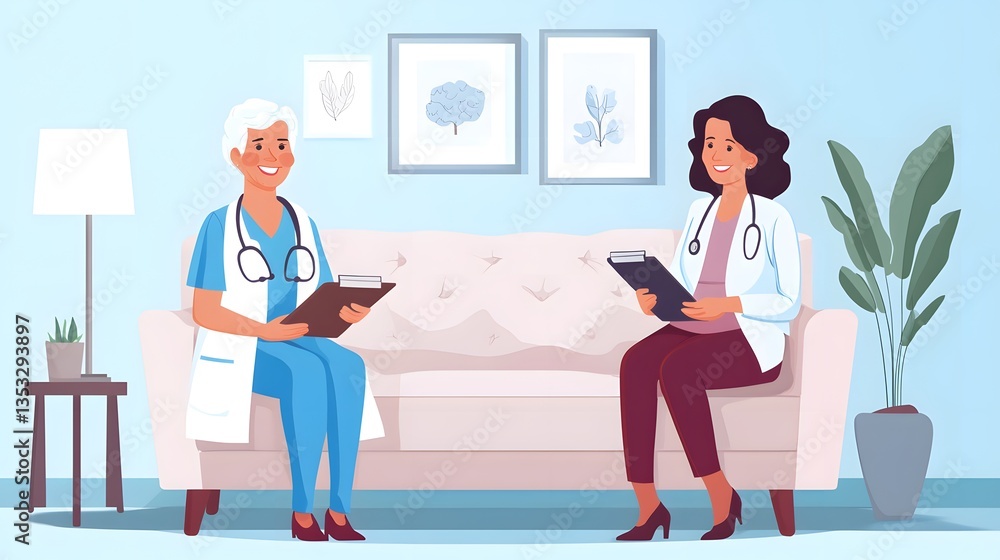 Professional nurse with clipboard assisting senior woman sitting on chair Professional nurse with clipboard assisting senior woman sitting on chair