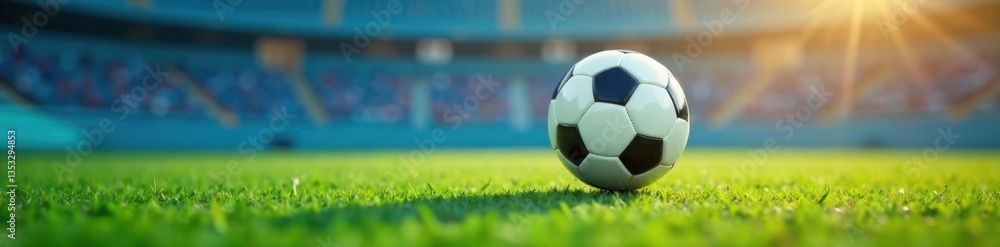 Fototapeta premium Soccer ball flying through air with blurred blue field background, flying, air