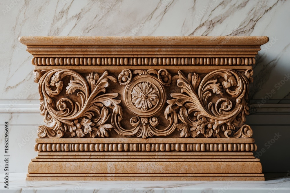 Naklejka premium Detailed image of an ornately carved wooden decorative architectural element