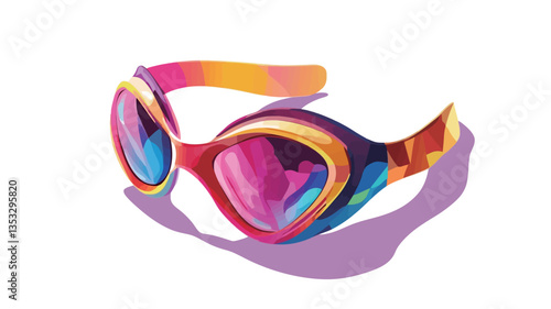 A digital illustration of a pair of sunglasses. The sunglasses are depicted in a vibrant, abstract style with a multicolored design featuring shades of pink, purple, yellow, orange, and blue. The