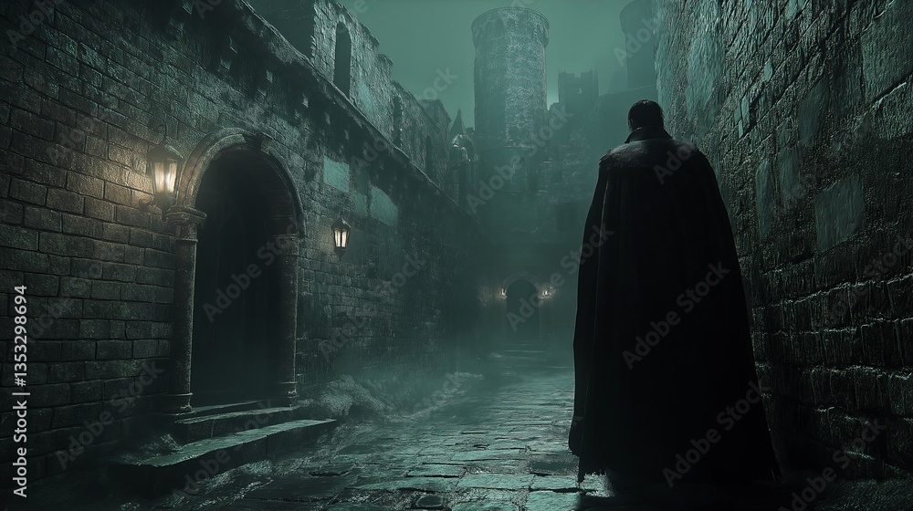 Mysterious Figure in Dark Medieval Alleyway at Night Dramatic Gloomy Atmosphere Stone Walls Ancient Castle Background Epic Fantasy Mysterious Figure in Dark Medieval Alleyway at Night Dramatic Gloomy Atmosphere Stone Walls Ancient Castle Background Epic Fantasy