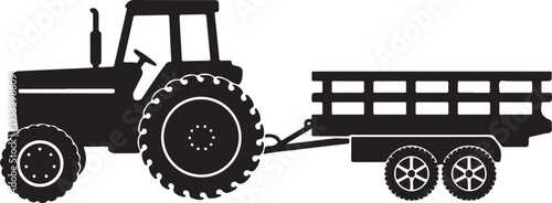 tractor silhouette vector, black silhouette of a tractor pulling a flatbed trailer