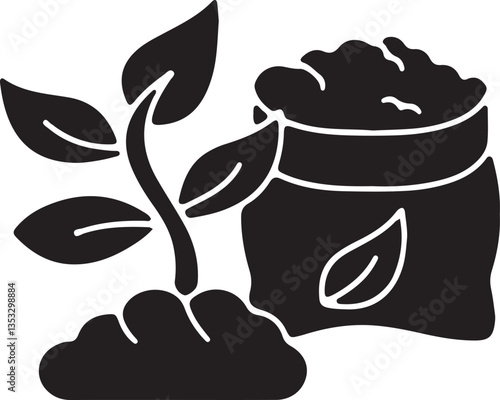 The illustration shows a sack of plant fertilizer and a plant being fertilized