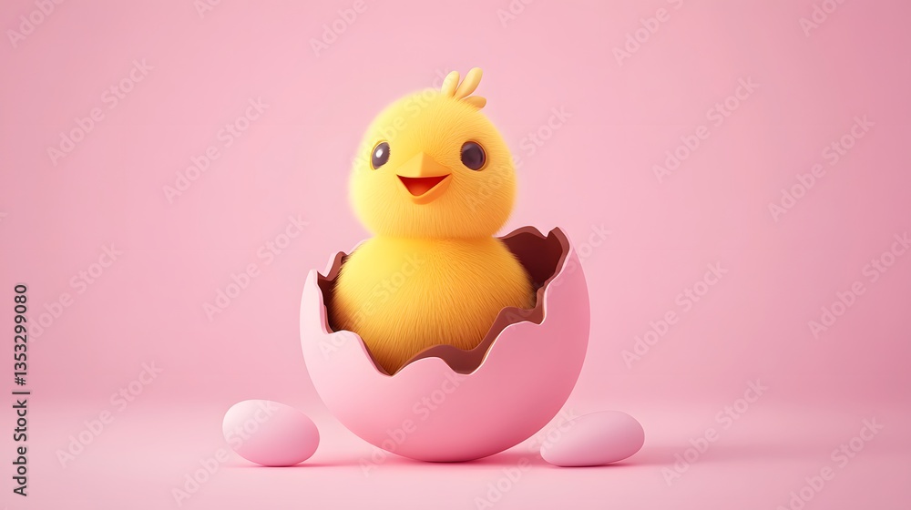 Adorable Chick Hatched Out of Chocolate Easter Egg on Pastel Background Adorable Chick Hatched Out of Chocolate Easter Egg on Pastel Background