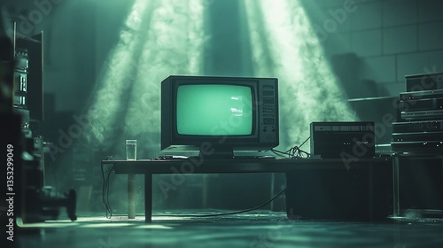 Retro computer room with CRT monitor, showing green screen.