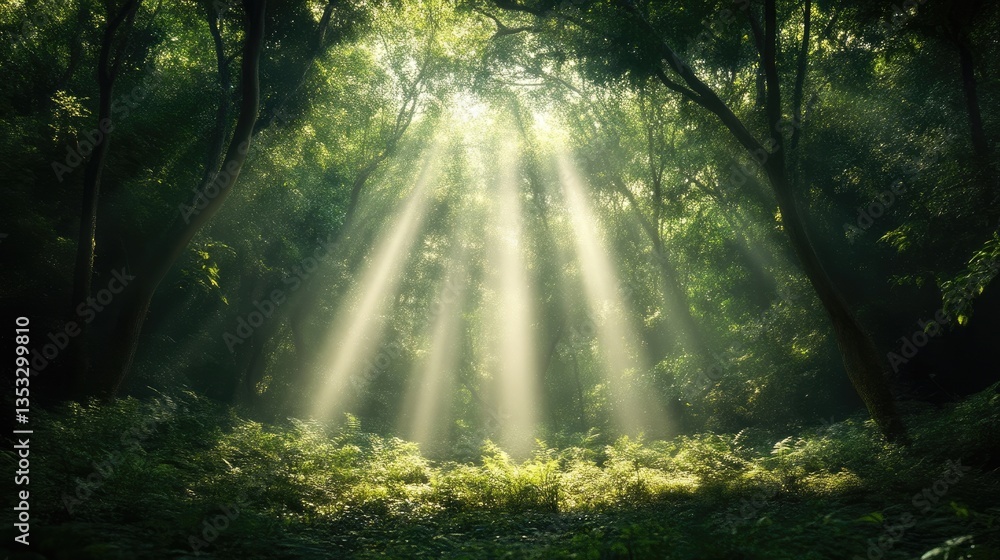 Obraz premium Sunlight streams through lush forest canopy (2)