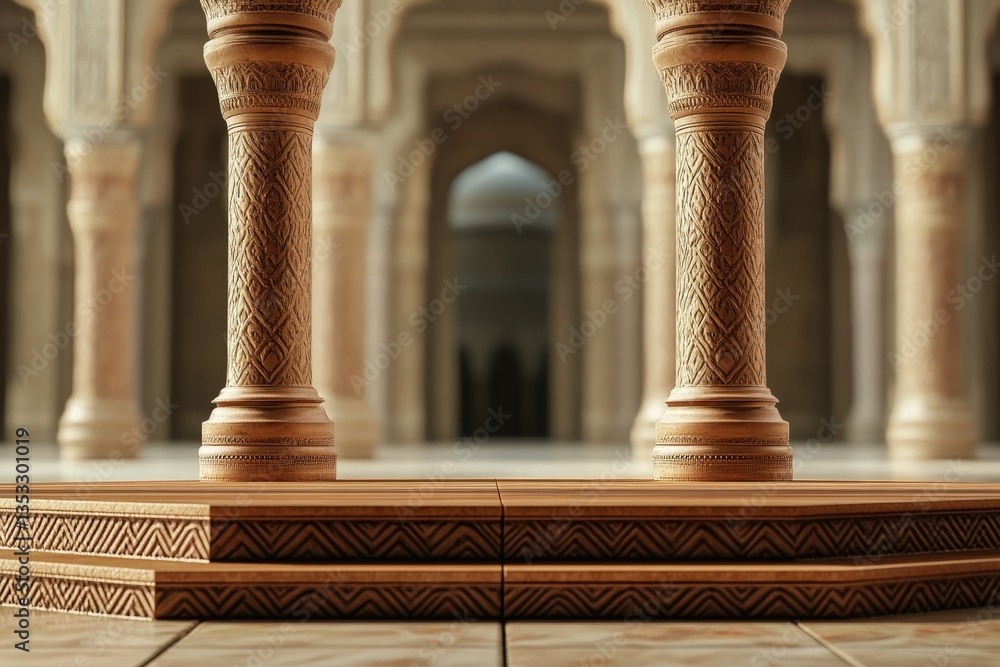 Fototapeta premium Intricate wooden columns stand inside a grand architectural structure beautifully