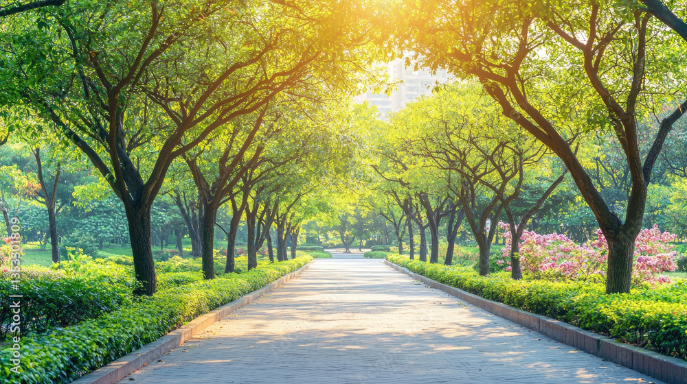 Sunlit path through lush green park with vibrant trees Sunlit path through lush green park with vibrant trees