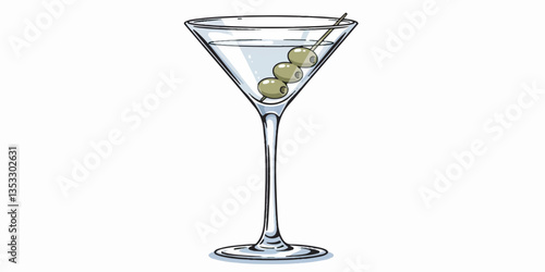 Martini Glass with Green Olives. Vector Cocktail Illustration