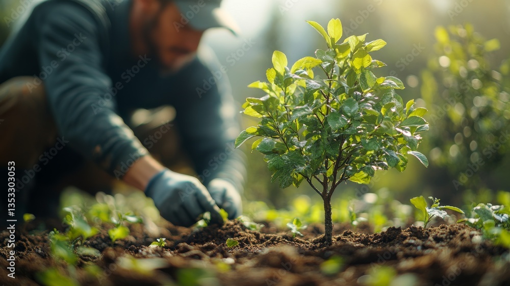 Gardener planting a young tree sapling in rich soil. Gardener planting a young tree sapling in rich soil.
