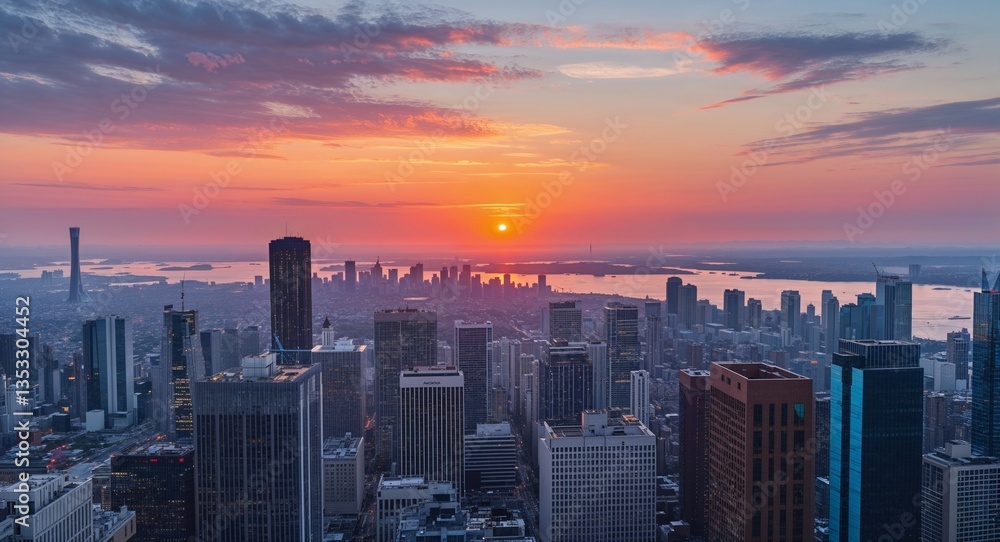Distant sunset view from a highrise office with panoramic city skyline Distant sunset view from a highrise office with panoramic city skyline