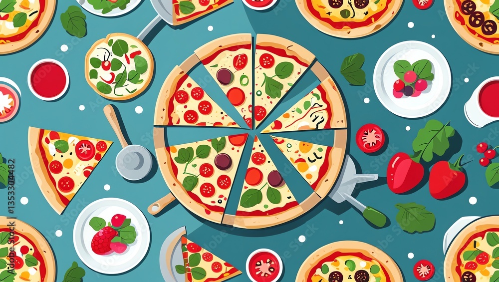 A Delicious Pizza Feast: A Top-Down View of Various Pizzas, Fresh Ingredients, and Appetising Side Dishes. A Delicious Pizza Feast: A Top-Down View of Various Pizzas, Fresh Ingredients, and Appetising Side Dishes.