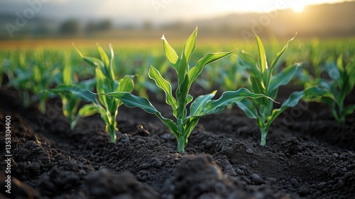 Wallpaper Mural Young corn plants growing in a fertile field at sunset. Torontodigital.ca