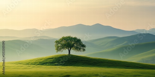 Serene Tree on Hilltop Overlooking Soft Rolling Green Hillscape
