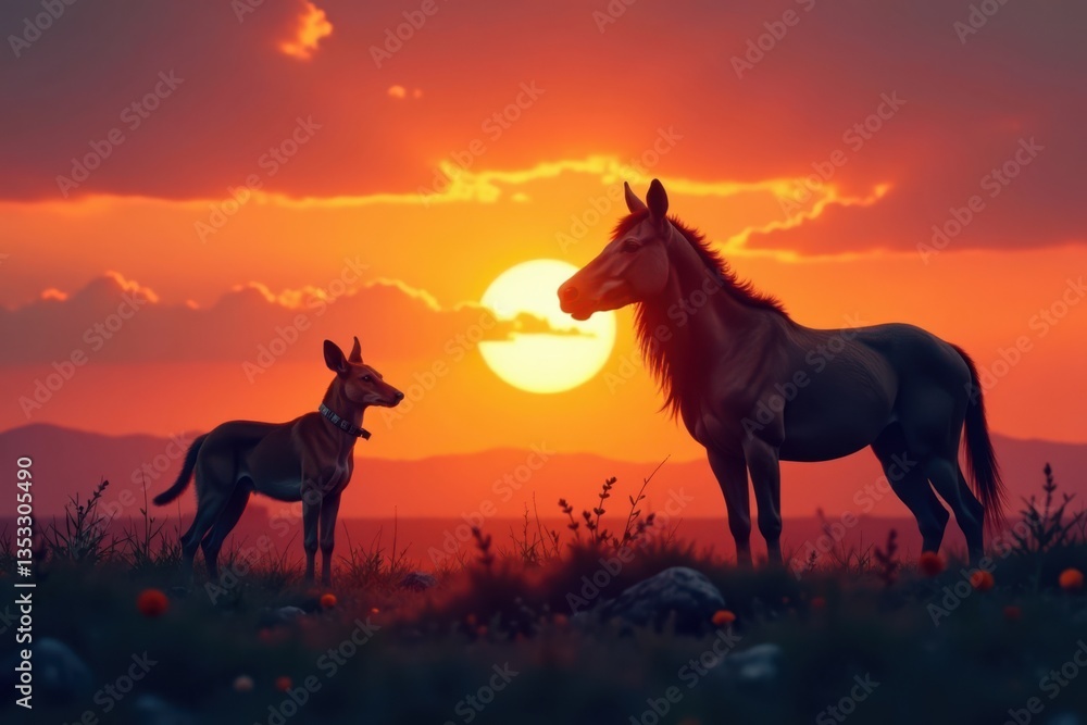 Naklejka premium Animals standing side by side against sunset background, forest, wildlife photography