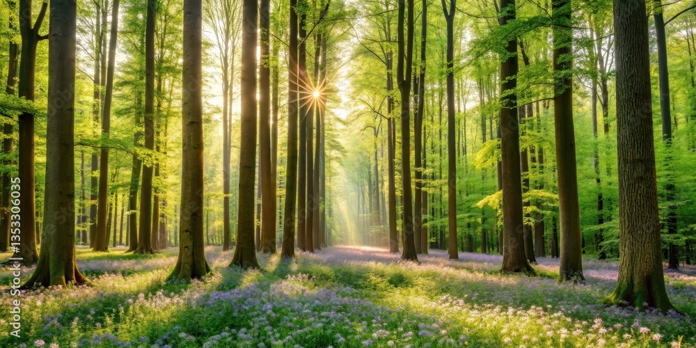 Naklejka premium Towering trees stand tall amidst a sea of lush greenery as early spring arrives, with buds bursting forth and wildflowers blooming in every direction, lush green forest, foliage