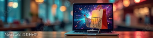 Boxed laptop and shopping bag in cart on screen, laptop, cart