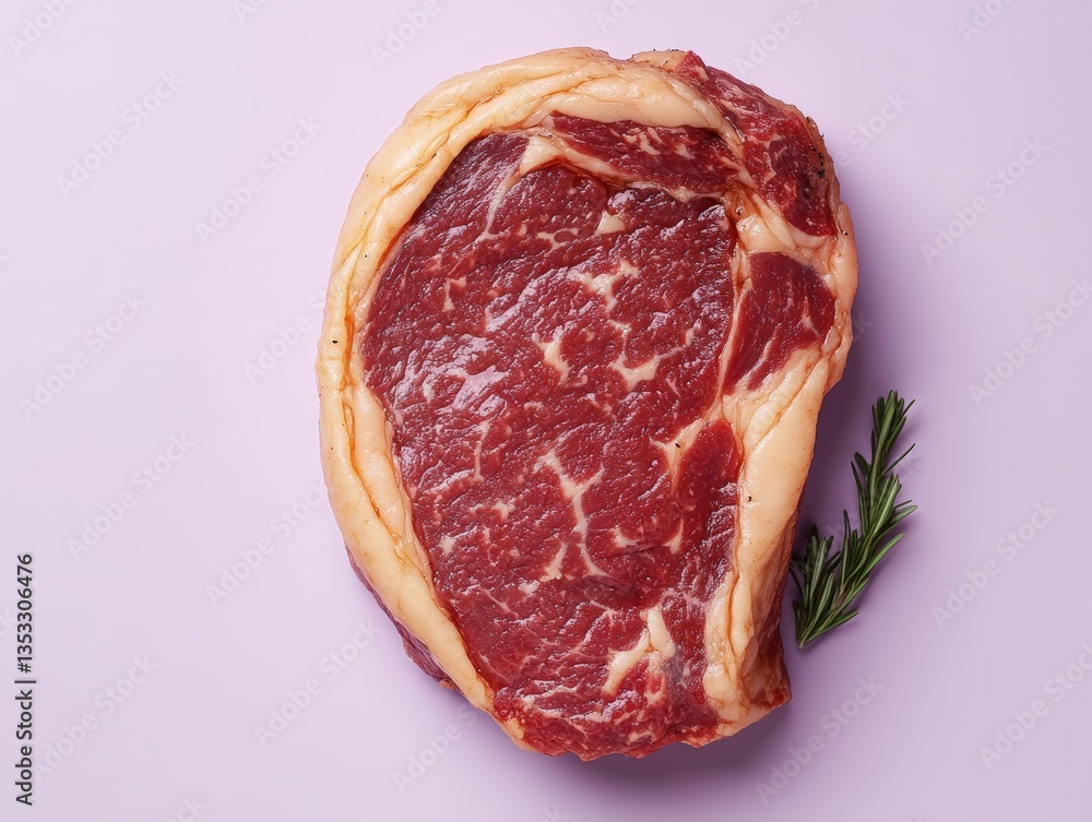Overhead close-up view of a fresh raw ribeye steak accented by a sprig of rosemary on a soft pale purple background to enhance visual appeal and flavor Overhead close-up view of a fresh raw ribeye steak accented by a sprig of rosemary on a soft pale purple background to enhance visual appeal and flavor