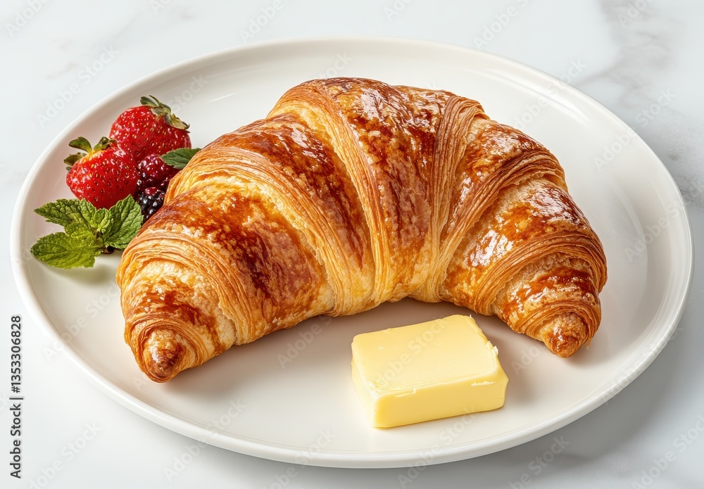 Freshly Baked Golden Croissant Served with Butter and Fresh Berries on a Elegant White Plate Ideal for Breakfast or Brunch Inspired Photography Freshly Baked Golden Croissant Served with Butter and Fresh Berries on a Elegant White Plate Ideal for Breakfast or Brunch Inspired Photography