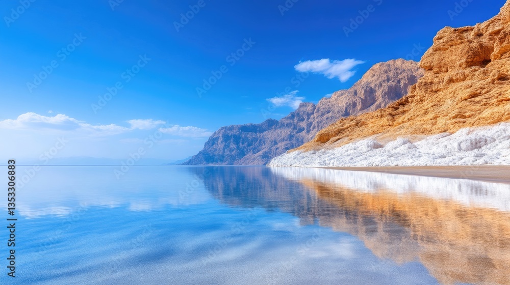 Tranquil Dead Sea shoreline, crystal-clear reflection Tranquil Dead Sea shoreline, crystal-clear reflection
