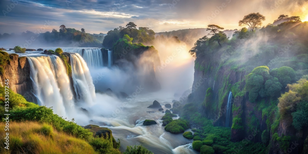 Naklejka premium Misty morning at Kalandula Falls, misty morning, , misty morning,