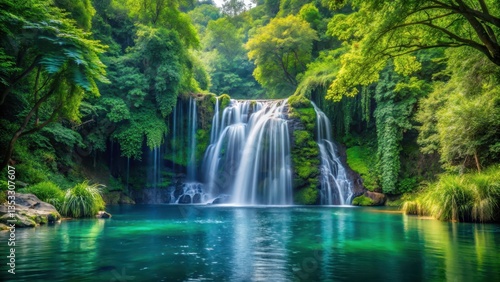 waterfall cascading into a serene lake, surrounded by lush green trees and dense foliage, nature, waterfall