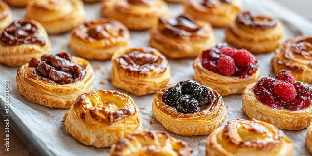 A assorted mini Danish pastries, with a variety of fillings, placed on a parchment-lined baking tray A assorted mini Danish pastries, with a variety of fillings, placed on a parchment-lined baking tray