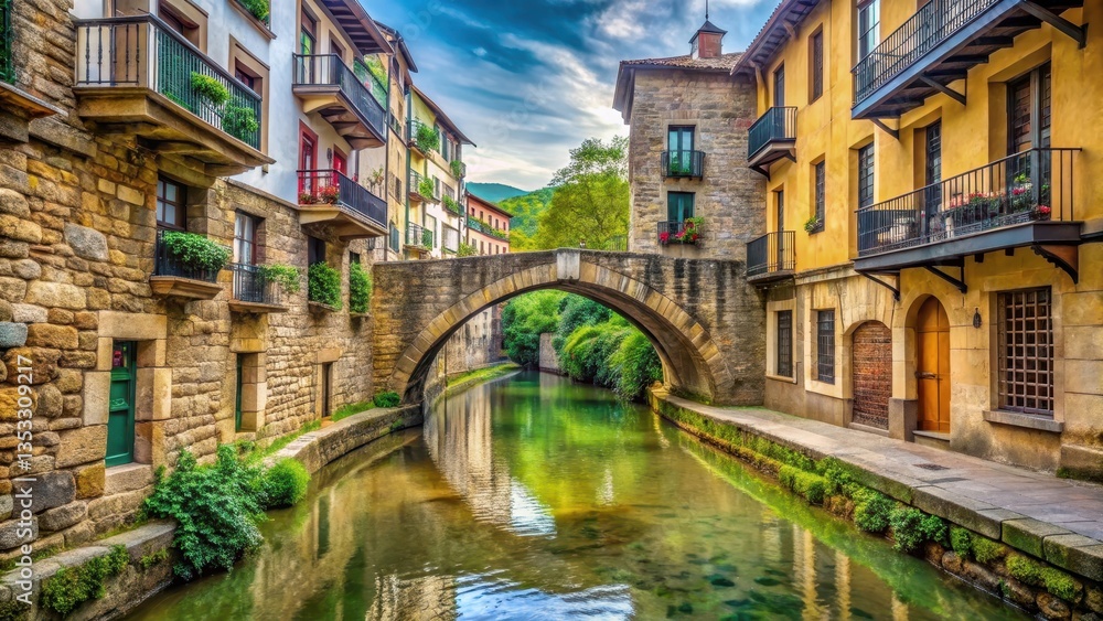 Fototapeta premium Ancient stone pedestrian bridge spanning a small river between two medieval houses in San Sebastian's historic district , village scene, spanish city