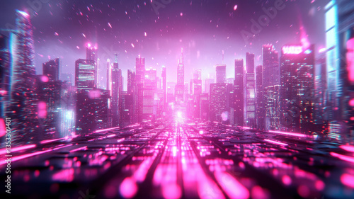 Wallpaper Mural vibrant neon cyberpunk city skyline glows with pink and purple hues, showcasing futuristic skyscrapers and digital landscape that evokes sense of wonder and excitement Torontodigital.ca