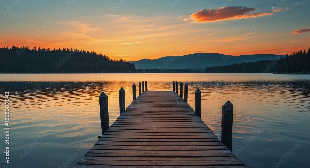 Fototapeta premium Empty wooden pier stretching into calm lake at dawn with orange sky
