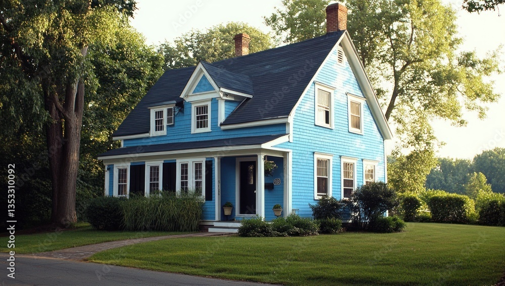 Quaint blue house nestled in a leafy suburban setting Quaint blue house nestled in a leafy suburban setting
